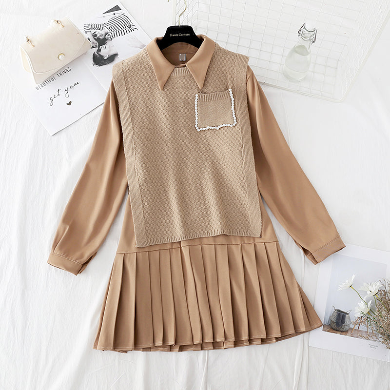 New knitted vest LONG SLEEVE bottomed Pleated Skirt Set  4818