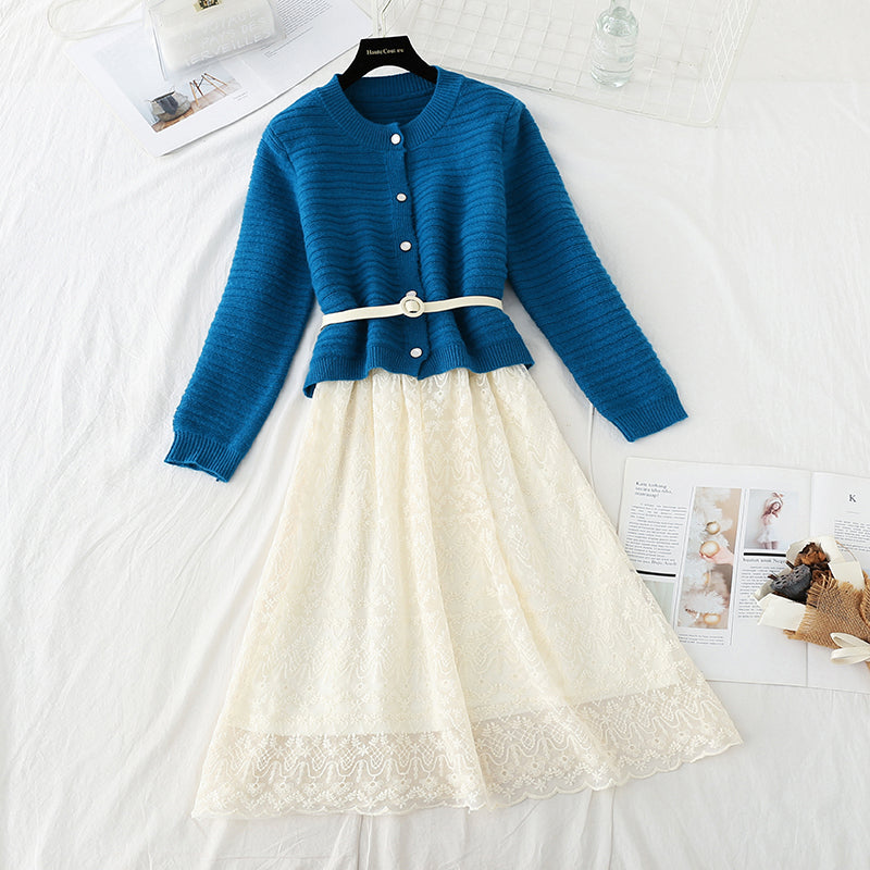 Sweater with lace skirt age reduction suit fashion two-piece suit  3735