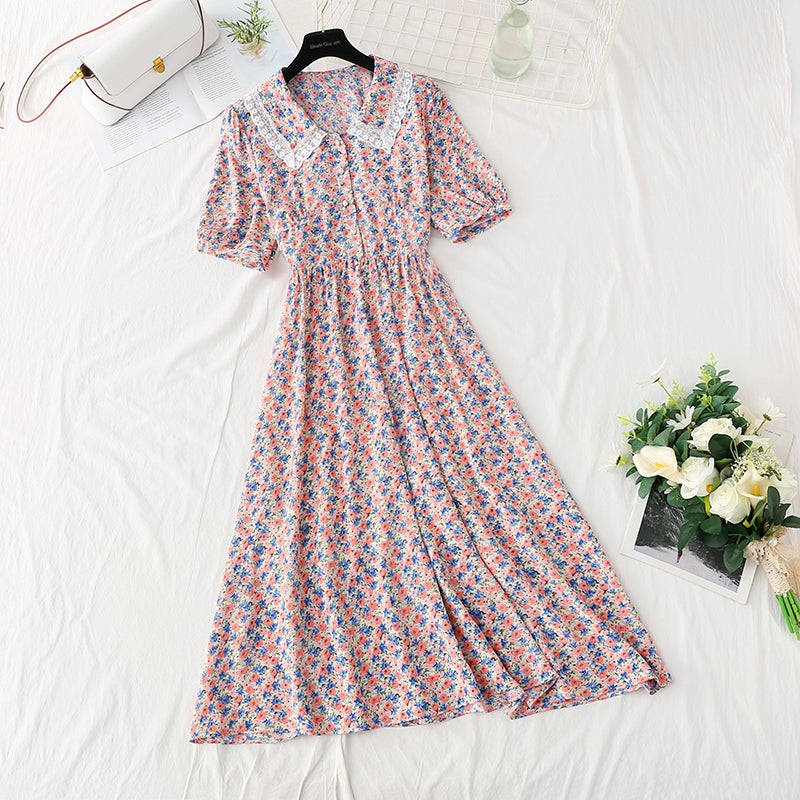 Sweet lace doll neck floral dress gentle wind dress  4856