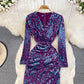 Robe à col en V à imprimé bronzé, mince et mince, tempérament fendu 3767