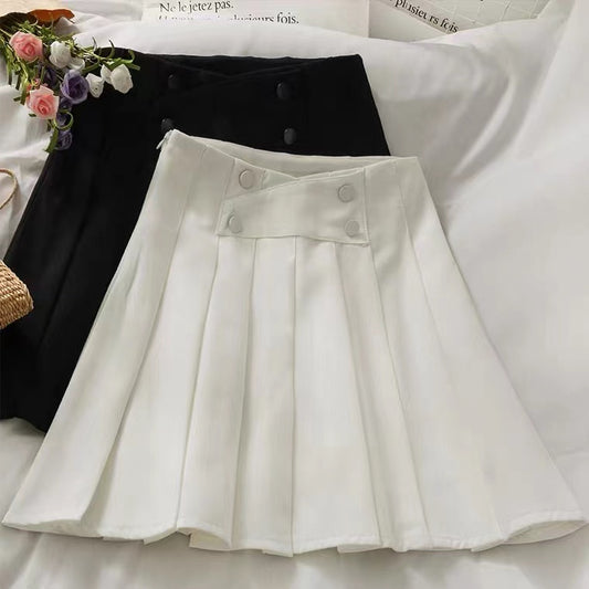 Temperament breasted high waist skirt, simple pure color A line pleated skirt  3616