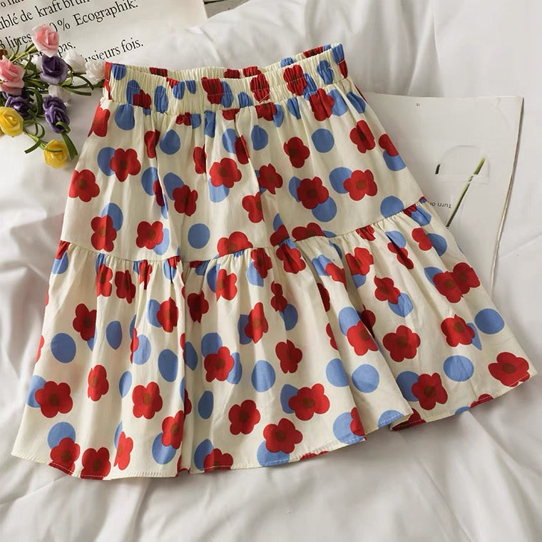 Patchwork high-waisted A-line skirt, printed polka dot skirt  3597