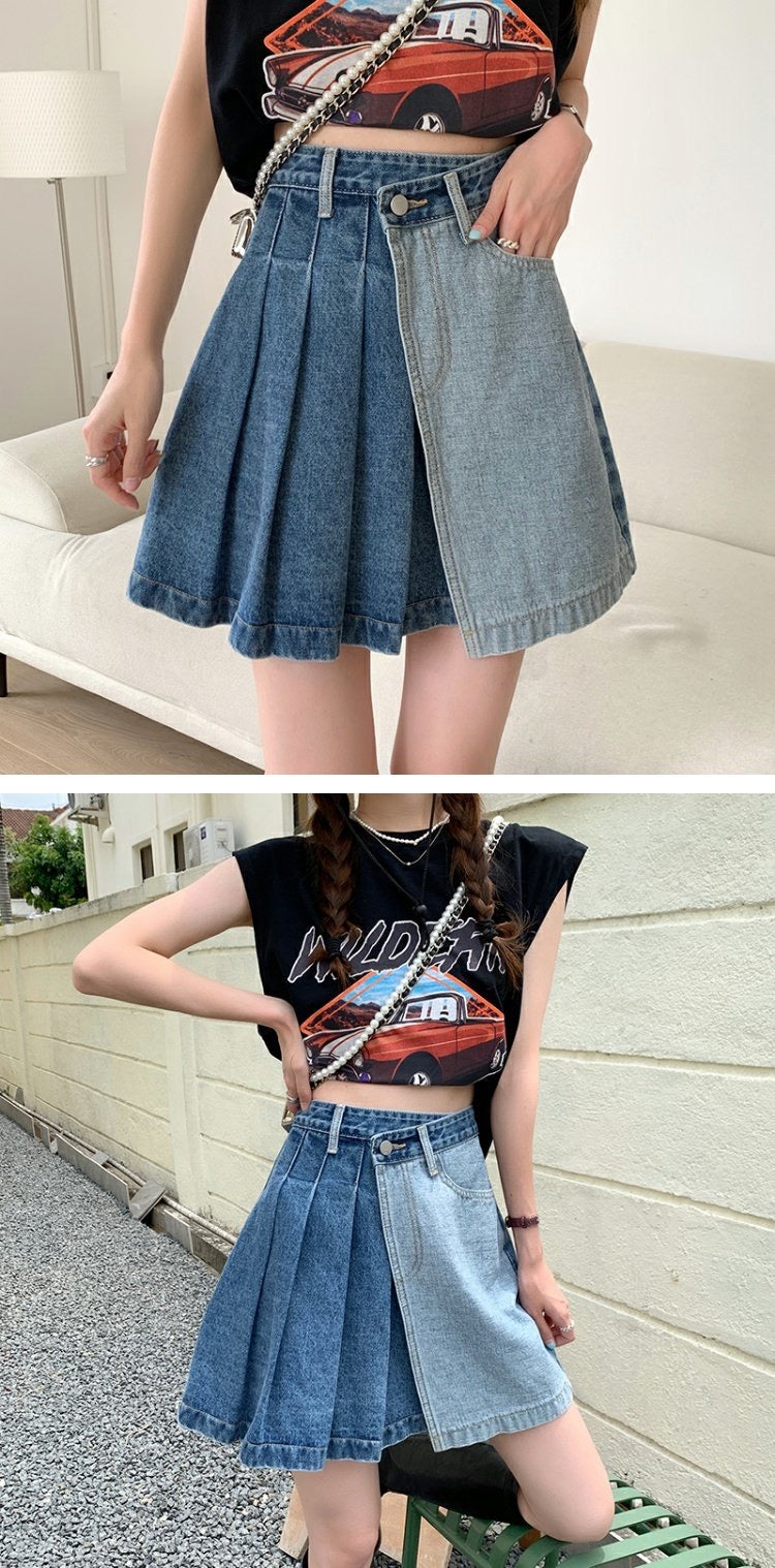 Spice Girl denim skirt, American vintage pleated skirt, patchwork high-waisted A-line shorts  3554