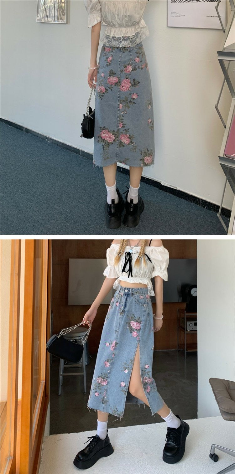 Denim skirt, mid-length A-line skirt with floral split  3551