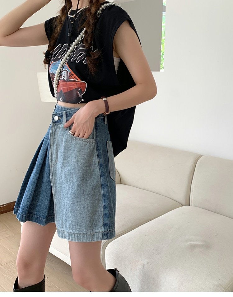 Spice Girl denim skirt, American vintage pleated skirt, patchwork  high-waisted A-line shorts 3554