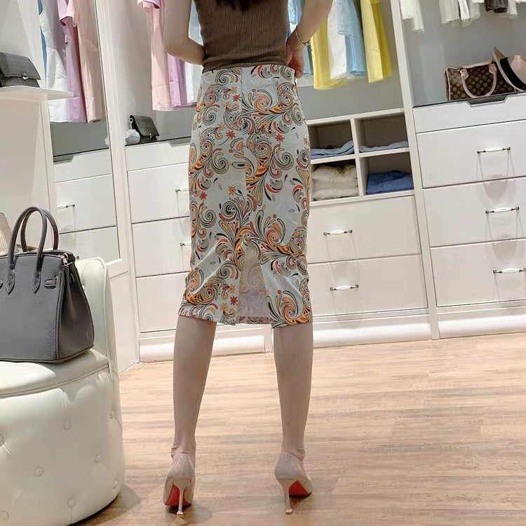 Vintage, ethnic style, printed skirt, hip slit stretch bodycon skirt  3539