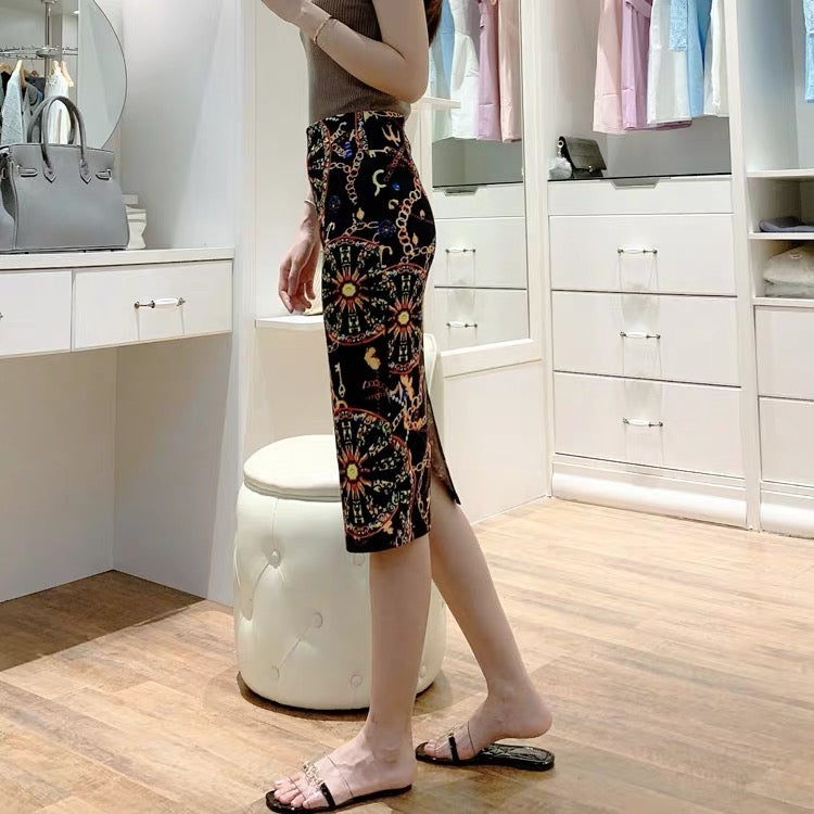 Personalized printed high-waist skirt, vintage stretch slit bodyocn skirt  3538