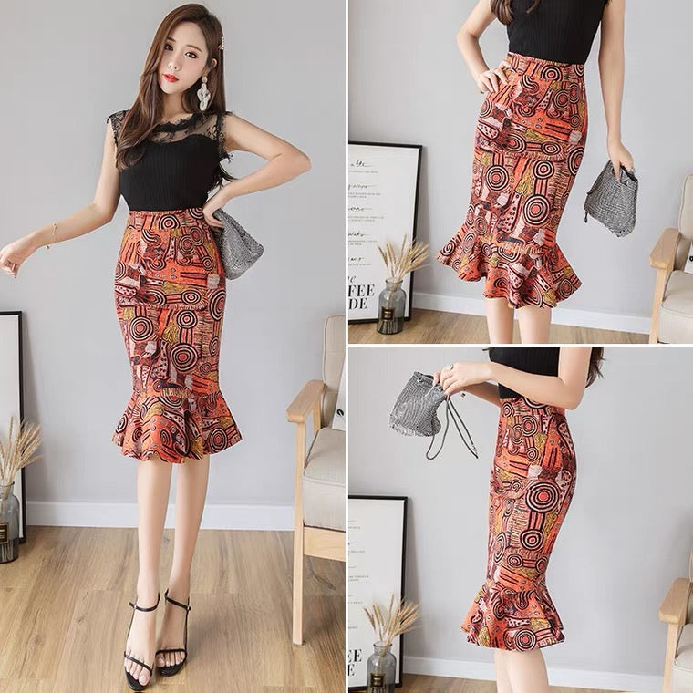 Vintage, new style, sexy fashion, large size high waist skirt, printed fish tail stretch skirt  3533