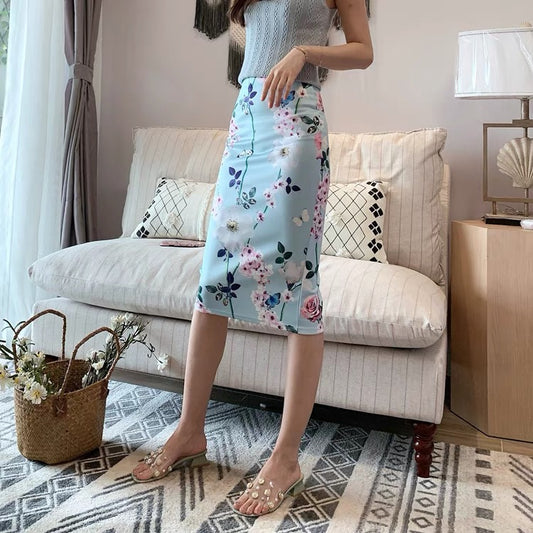 Summer, new style, preppy style, high Fanny hip skirt, split print skirt, stretch bodycon skirt  3540