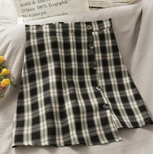 Literary, small and fresh, irregular breasted high waist A-line skirt, plaid skirt  3614