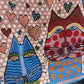 Art illustration cat head embroidery, heavy bead belt denim skirt  3531