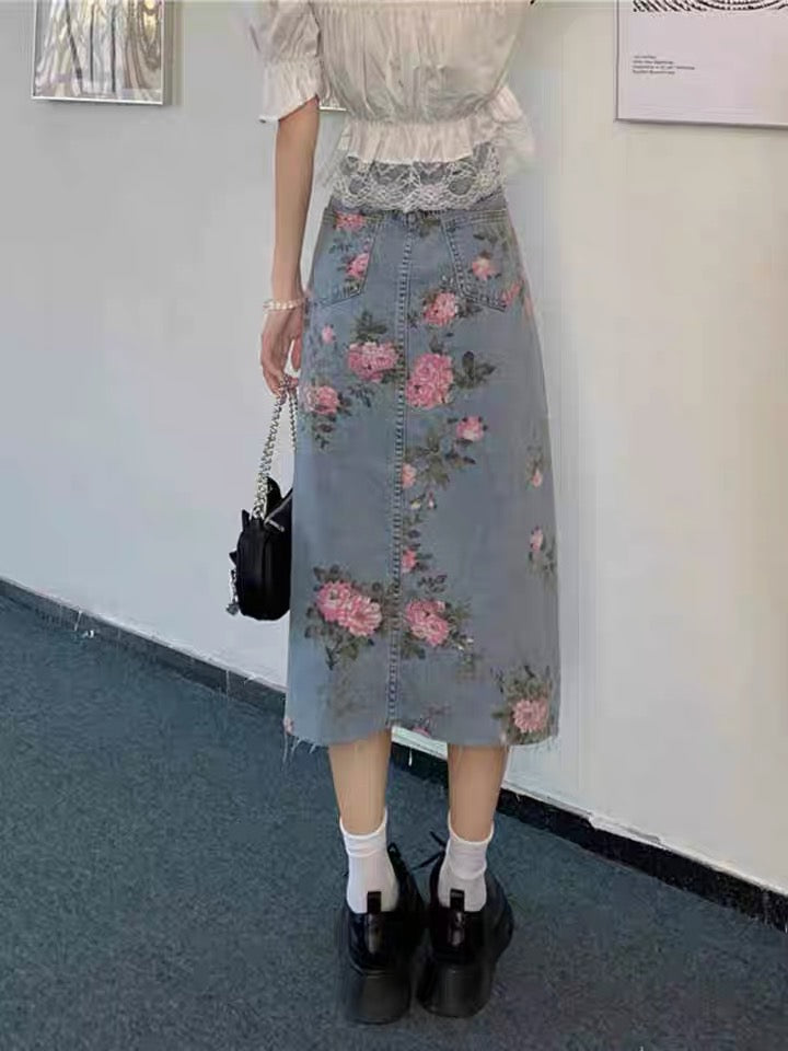 Denim skirt, mid-length A-line skirt with floral split  3551