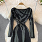 Zebra jacquard knitted square neck dress tight Hip Wrap Skirt  3760