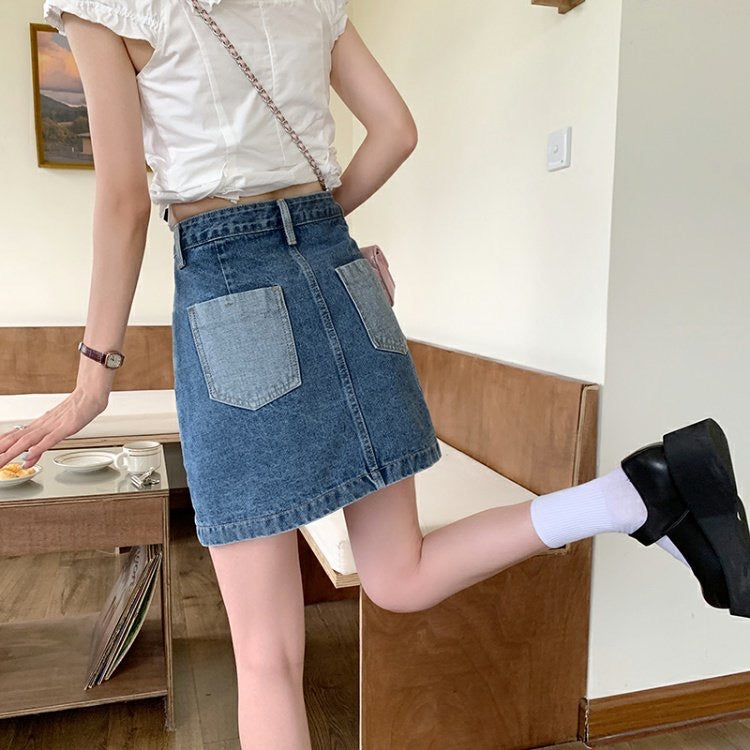 Spice Girl denim skirt, American vintage pleated skirt, patchwork high-waisted A-line shorts  3554