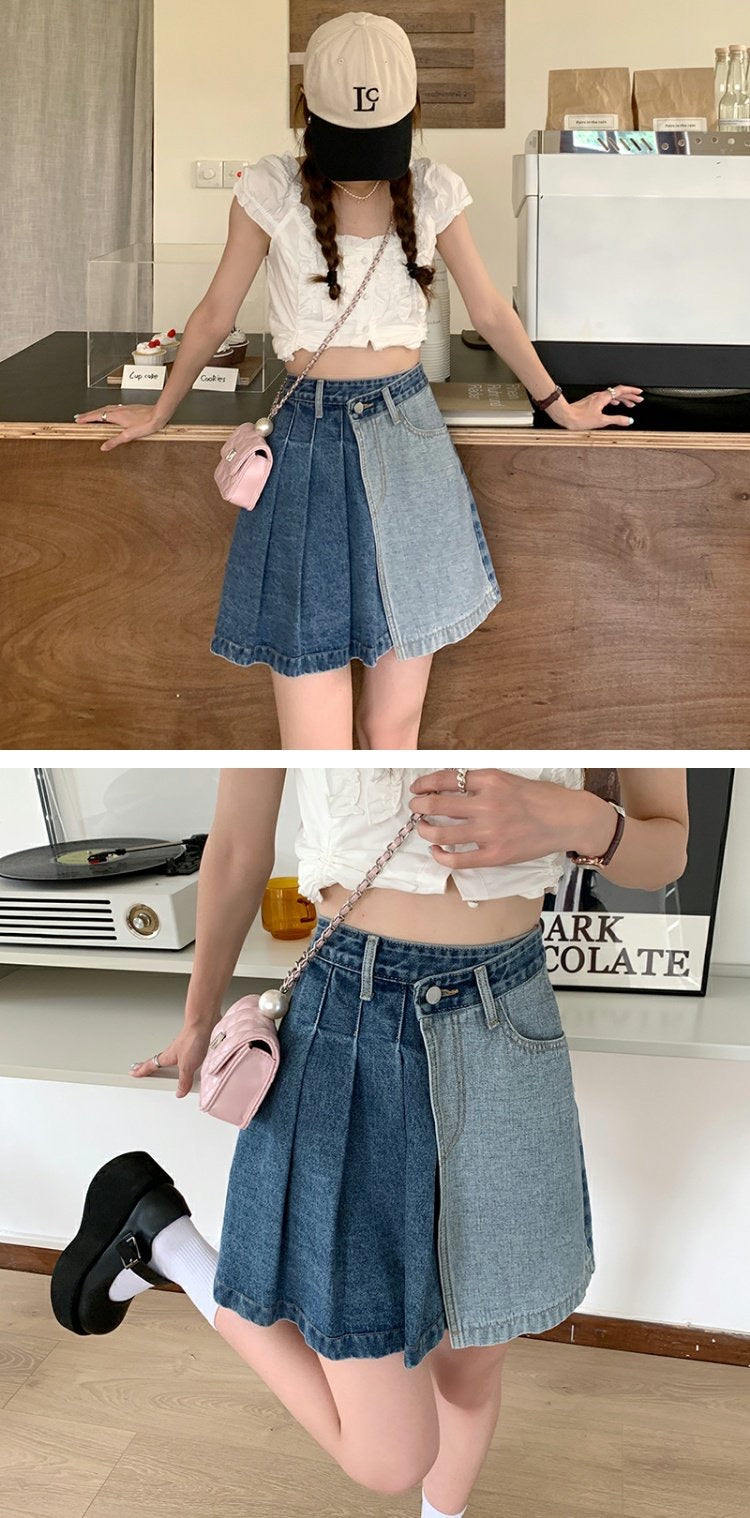 Spice Girl denim skirt, American vintage pleated skirt, patchwork high-waisted A-line shorts  3554