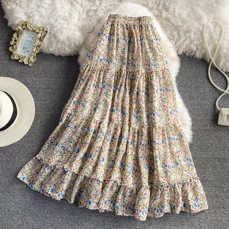 New style, high waist, elastic waist A-line vintage chiffon skirt, floral splicing midi skirt  3561