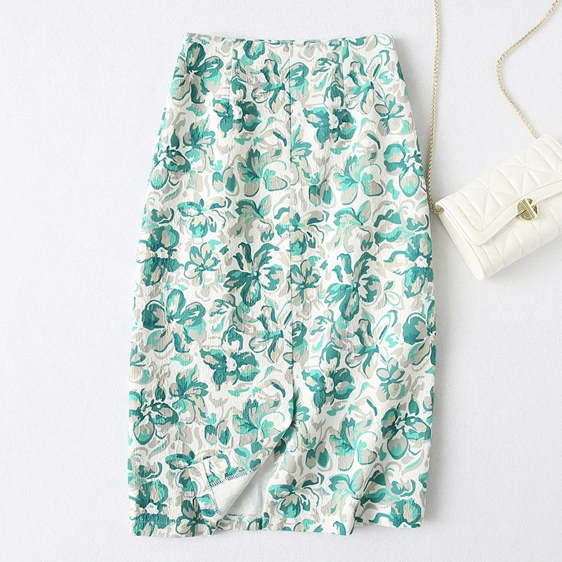 Printed skirt, high waist, straight skirt,slit, A-line pencil skirt  3565