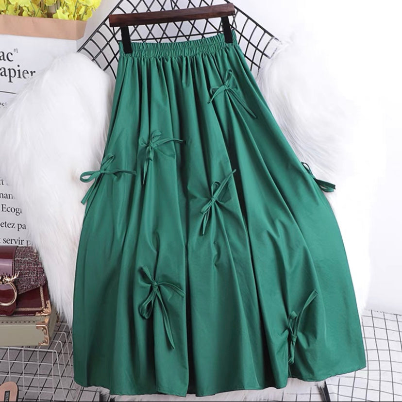 Summer, new style, high-waisted, bow-tie mid-length, stylish full-length A-line skirt  3544