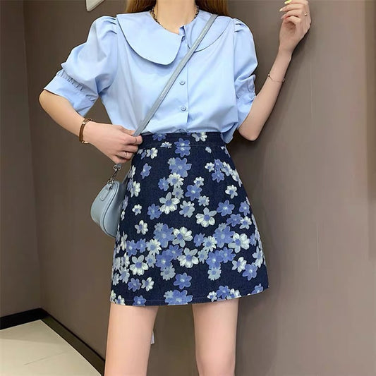 Flower denim skirt, new style, high waist bodycon skirt, A-line skirt  3556