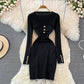 Robe sexy à manches longues, col carré, tricotée, sac, bas de hanche, 3781