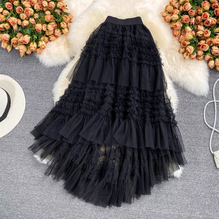 New style, high waist, solid color, irregular hem, mesh splice pompous skirt, A-line full skirt  3527