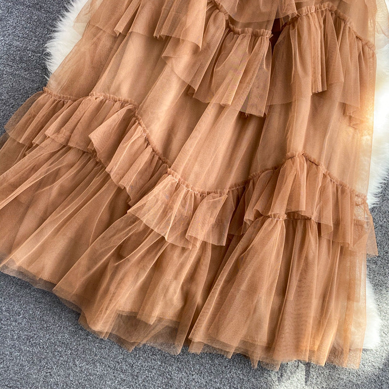 High waist mid length over the knee skirt, versatile cake skirt mid skirt mesh skirt, elastic waist pleated skirt  3528