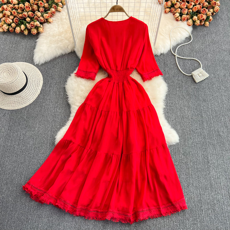 Cute V-Neck Fringed Dress A Line Fashion Dress  10814