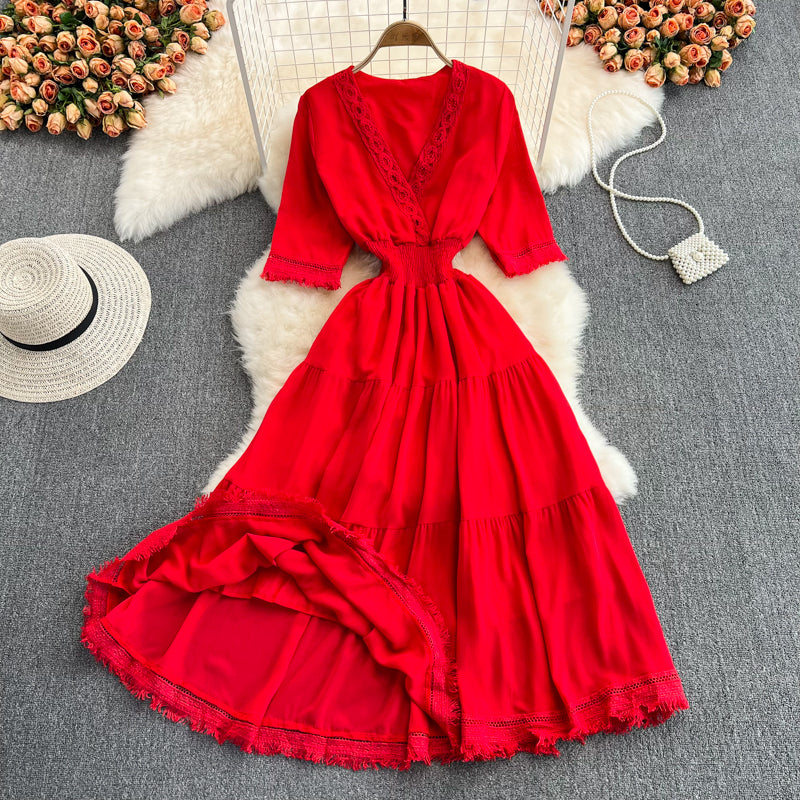 Cute V-Neck Fringed Dress A Line Fashion Dress  10814